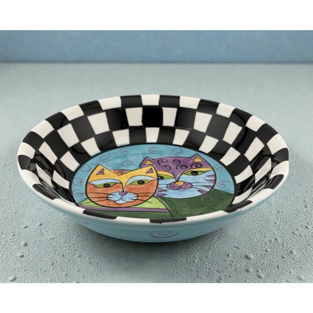 Cat Bowl 2 Cats 8" Hand Painted by Milson and Louis Checkerboard Rim Ceramic